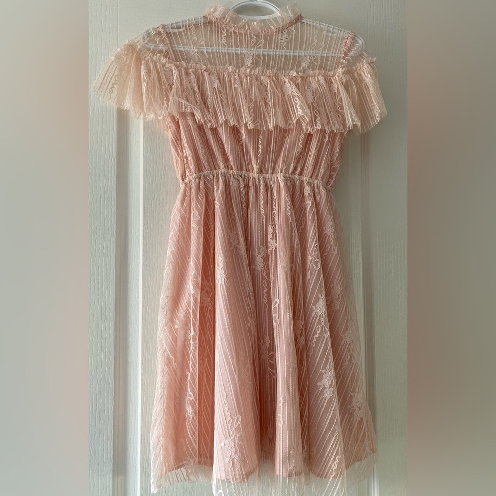 Tween Girl, Rose Pink, Ruffle Neck Mesh Flared Dress - Picture 3 of 3